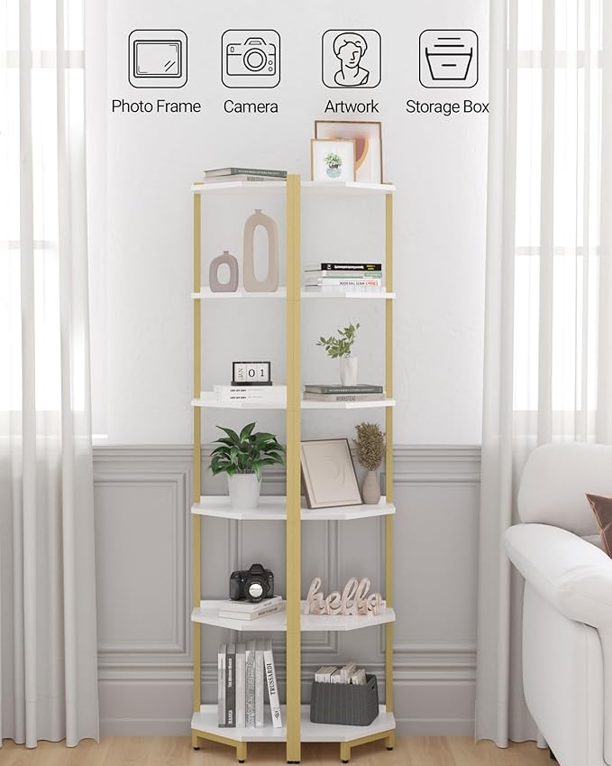 Corner Shelf Stand, Corner Bookshelf, Storage Standing Shelf Unit with Metal Frame, Plant Stand, Corner Bookcase for Living Room, Home Office, Bedroom, 6-Tier White Gold CS06003A
