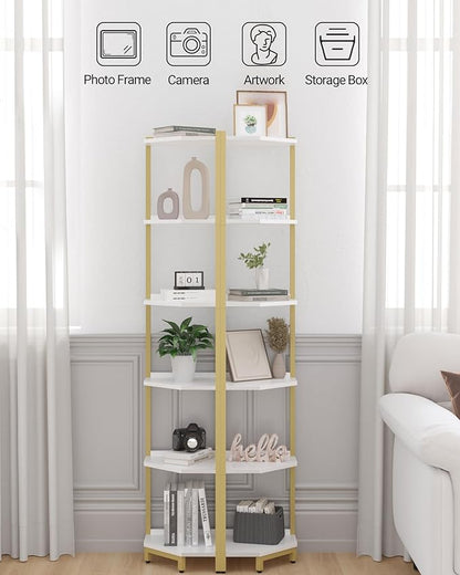 Corner Shelf Stand, Corner Bookshelf, Storage Standing Shelf Unit with Metal Frame, Plant Stand, Corner Bookcase for Living Room, Home Office, Bedroom, 6-Tier White Gold CS06003A