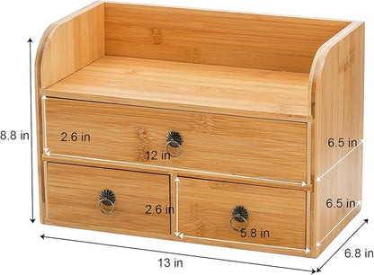 Nicunom Bamboo Desk Organizer, 3-Tier Bamboo Tabletop Storage Organization Multifunctional Desktop Organizer with Drawers for Home Office Toiletries Supplies Vanity