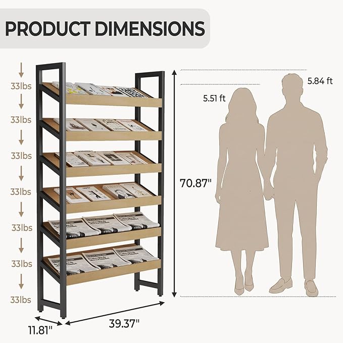 Floor-Standing Magazine Rack 6 tier, Newspaper Holder 38° Slant, Book Display Shelf, Brochure Display Stand for Exhibitions Shopping Malls Hospitals Offices School (Black)