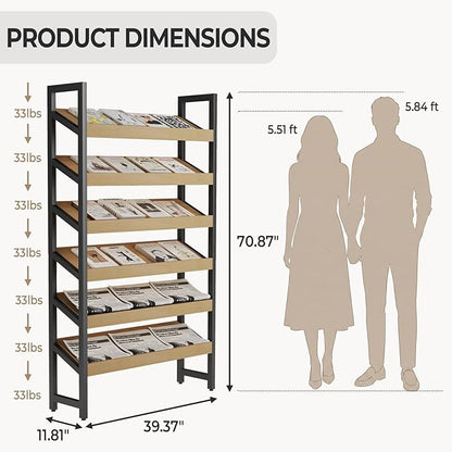 Floor-Standing Magazine Rack 6 tier, Newspaper Holder 38° Slant, Book Display Shelf, Brochure Display Stand for Exhibitions Shopping Malls Hospitals Offices School (Black)