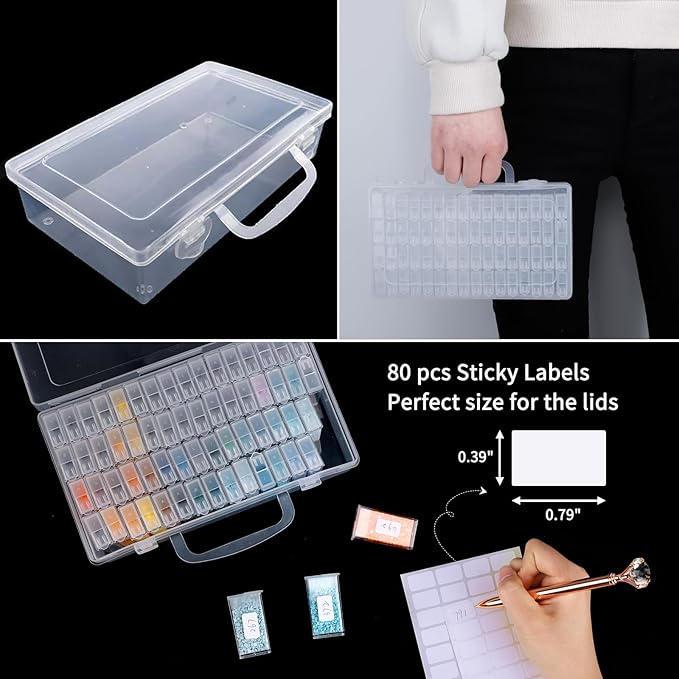 SGHUO 64 Grid Diamond Painting Storage Containers Diamond Art Accessories Tool Box Craft Storage with Adjustable Dividers for Beads, Art DIY, Crafts, Jewelry, Plastic Organizer with Label Stickers
