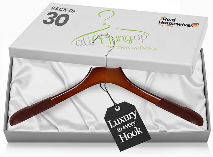 All Hung Up Hangers - Premium Luxe Wooden Hangers for Women, Wide Shoulder Design for Dresses, Skirts, Sweaters & Blouses, Heavy Duty with Velvet Grip, High Gloss Brown with Brown Velvet, 30 pcs