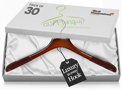 All Hung Up Hangers - Premium Luxe Wooden Hangers for Women, Wide Shoulder Design for Dresses, Skirts, Sweaters & Blouses, Heavy Duty with Velvet Grip, High Gloss Brown with Brown Velvet, 30 pcs