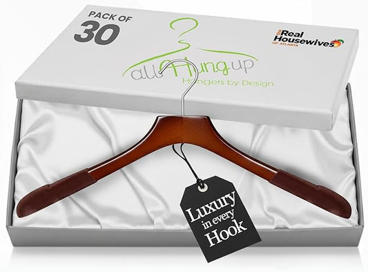All Hung Up Hangers - Premium Luxe Wooden Hangers for Women, Wide Shoulder Design for Dresses, Skirts, Sweaters & Blouses, Heavy Duty with Velvet Grip, High Gloss Brown with Brown Velvet, 30 pcs
