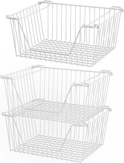 Stackable Wire Metal Baskets Cabinet Organizer Sturdy Metal Wire Pantry Freezer Bin with Handle for Kitchen Fruit Vegetable Organization, White, 3Packs