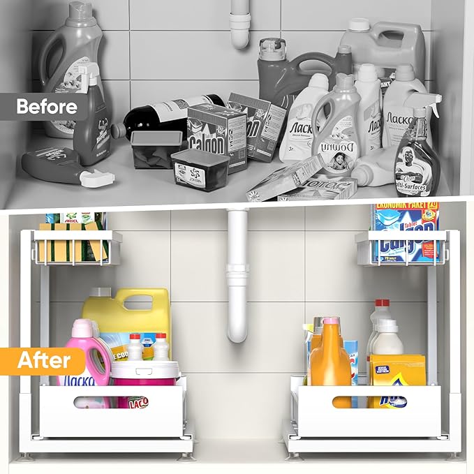 Under Sink Organizer Storage 2-Tier Premium Metal Pull-Out Racks, Height Adjustable, Heavy Dut and Easy Installation for Kitchen & Bathroom Organizers 1 Pack White