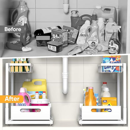 Under Sink Organizer Storage 2-Tier Premium Metal Pull-Out Racks, Height Adjustable, Heavy Dut and Easy Installation for Kitchen & Bathroom Organizers 1 Pack White