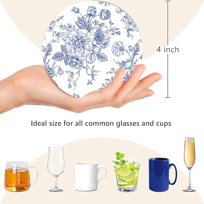 SHIYUE 6 Pack Blue and White Coasters with Holder, Absorbent Ceramic Coasters, Drinks Coffee Table Home Decor Housewarming Gift, 4 Inches(Flower Pattern)