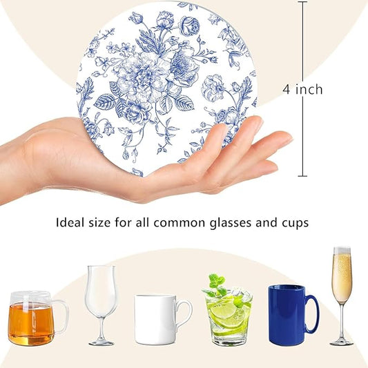SHIYUE 6 Pack Blue and White Coasters with Holder, Absorbent Ceramic Coasters, Drinks Coffee Table Home Decor Housewarming Gift, 4 Inches(Flower Pattern)