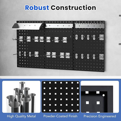 Pegboard Wall Organizer, 3 Pieces Metal Pegboard Panels with 25 Hooks, Storage Platform & Square Hole, Pegboard Kit for Utility Tools, Garage & Workshop(Black)