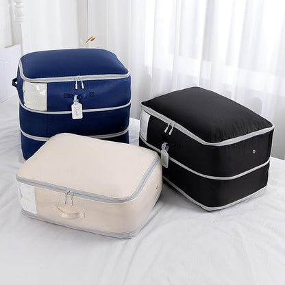 Comforter Storage Bag - Large Capacity Blanket Storage Bags 3-Layer Ultra Space Saving Self Compression Organizer, Washable Compression Bags for Storage Comforter Blanket, 4-Pack, Navy Blue