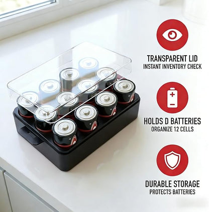 ALCYON Battery Organizer Storage Case, Battery Vault Box Container for 12pcs D Batteries, Plastic Clear Protective Battery Holder for Travelling/Home/Office, Black, Large