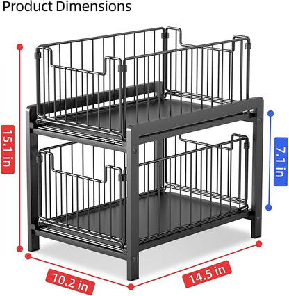 2 Tier Sliding Basket Drawer Organizer, Lxmons Pull Out Under Sink Cabinets Organizers, Metal Home Shelf for Bathroom or Kitchen, Sliding Countertop or Pantry Storage Shelf, Large Black