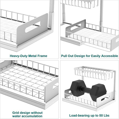bukfen Under Sink Organizer, Pull Out Home Organizers 2-Tier Slide Out Sliding Shelf Under Cabinet Storage Multi-Use for Under Kitchen Bathroom Sink Organizers and Storage,White,2 Pack