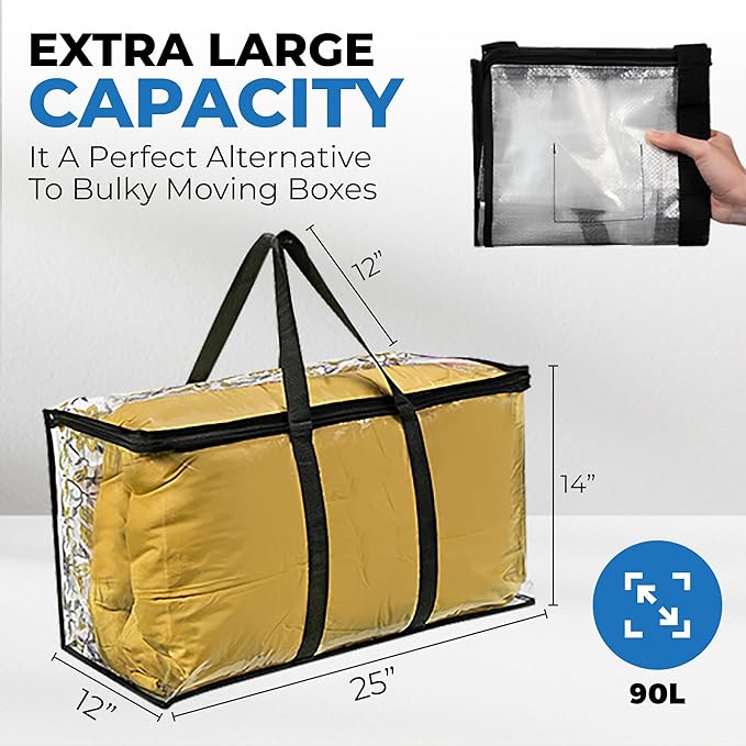 VitalUp 4 Pack Clear Large Moving Bags, Heavy Duty Storage Bags, College Totes, Storage Bins, for Organizing Blankets, Clothing for College, Dorm, Packing, Durable with Zipper and Handle 25x14x12