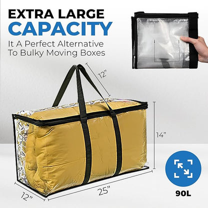 VitalUp 4 Pack Clear Large Moving Bags, Heavy Duty Storage Bags, College Totes, Storage Bins, for Organizing Blankets, Clothing for College, Dorm, Packing, Durable with Zipper and Handle 25x14x12