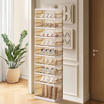 ELPHECO 9 Tier 18 Pairs Plastic Shoe Rack - Clear Foldable Shoe Organizer, Folding Entryway Shoe Cabinet, Collapsible Sneaker with Magnetic Doors, Stackable Shoe Shelf,Three-Sided Clear Shoe Box