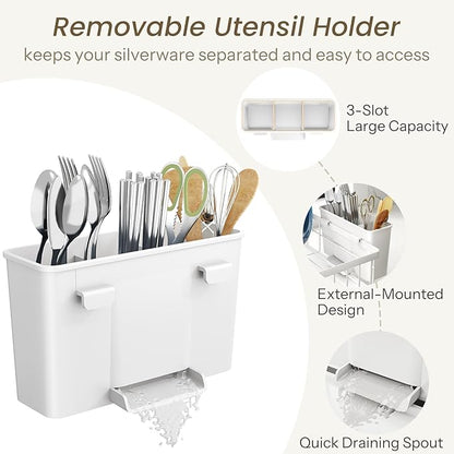 SNTD Dish Drying Rack - Small Dish Rack for Kitchen Counter, Stainless Steel Dish Drainer with Utensil Holder and Drainboard, 11" W x 15" L (White)