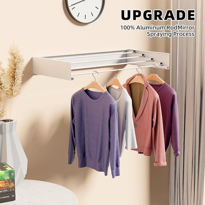 Laundry Drying Rack Collapsible, Wall Mounted Clothes, Retractable Wall Drying Rack, 23.6" Wide, 4 Aluminum Rods, Max 60 lb Capacity (White, 23.6'')