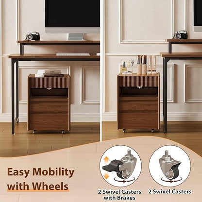 CycleCrew Mid-Century Modern Nightstand with Wheels - 100% Solid Wood Bedside Table with 3 Storage Drawers and Open Shelf Fluted Rolling Night Stand End Side Table for Bedroom, Home