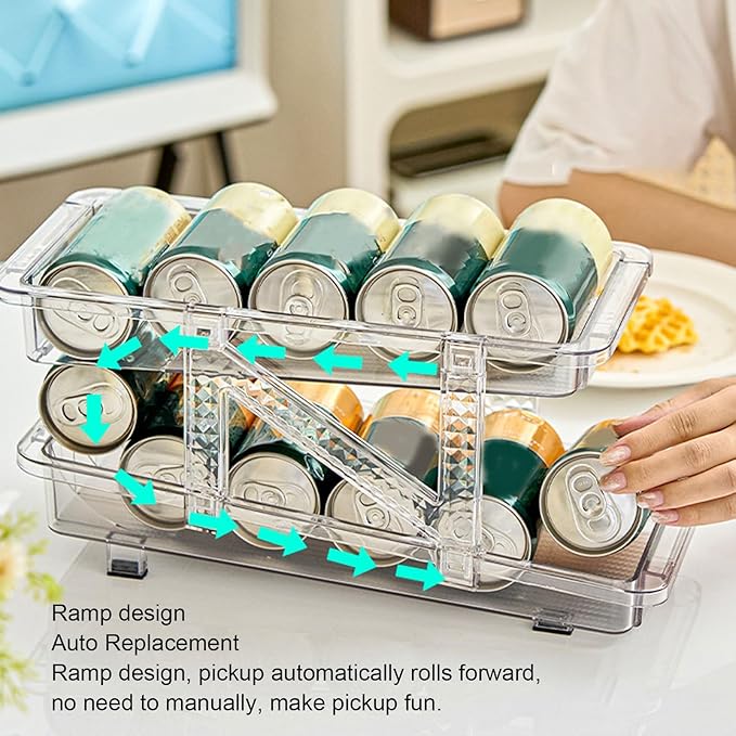 2 Layer Expandable Soda Can Organizer, Automatic Rolling Beverage Drink Dispenser for Fridge, Plastic Beer Can Holder for Refrigerator Pantry Freezer (Clear White)