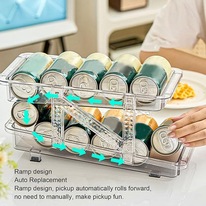 2 Layer Expandable Soda Can Organizer, Automatic Rolling Beverage Drink Dispenser for Fridge, Plastic Beer Can Holder for Refrigerator Pantry Freezer (Clear White)