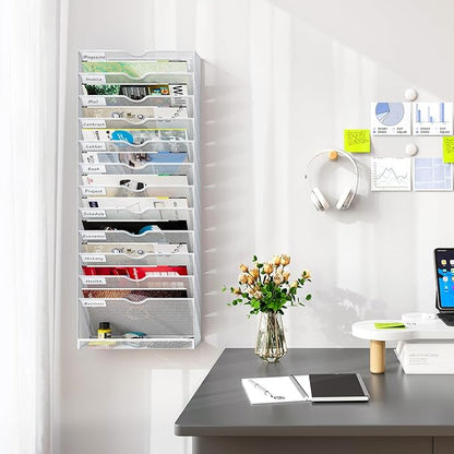 Hanging Wall File Organizer,13-Tier Desk File Mail Holder, Paper Bill Organization For Office Home School, White