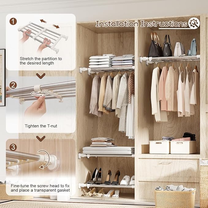 Hershii Tension Shelf Expandable Rod Closet System Heavy Duty Clothes Hanger Adjustable DIY Garage Bathroom Kitchen Storage Organizer Shoe Rack, Plant Stand, Bookshelf