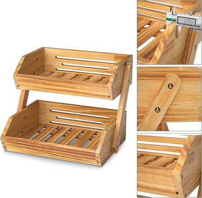 2 Tier Wooden Fruit Basket For Kitchen, Bread Vegetable Fruit Basket Bowl Stand, Farmhouse Fruit Bowl for Countertop, Large