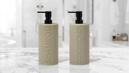 Indecor Home Resin 2 Pack Shampoo, Conditioner or Body Wash Dispenser Set, Luxurious Refillable Pump Bottles with Matte Pump Top and Embossed Text, Durable Design for Bathroom and Shower
