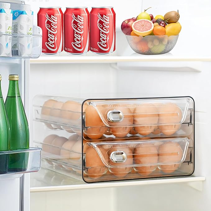 Egg Holder for Refrigerator,40 Eggs Clear Drawer Organizer,2 Layer Stackable Egg Holder Egg Trays,Egg Storage Container with Time Scale for Fridge Countertop Cabinet