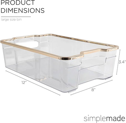 SIMPLEMADE Clear Refrigerator Organizer Bins - Clear Bins for Fridge, Containers for Fridge and Freezer, Multipurpose Storage for Kitchen, Office, Bathroom, Gold Rim (8" x 12")