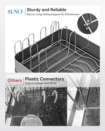 SUNLY Expandable Dish Drying Rack, Versatile Brackets for Pots & Pans, Space Saving Kitchen Drying Rack, Dish Racks for Kitchen Counter, Stainless Steel Dish Drainers with Extendable Spout, Black