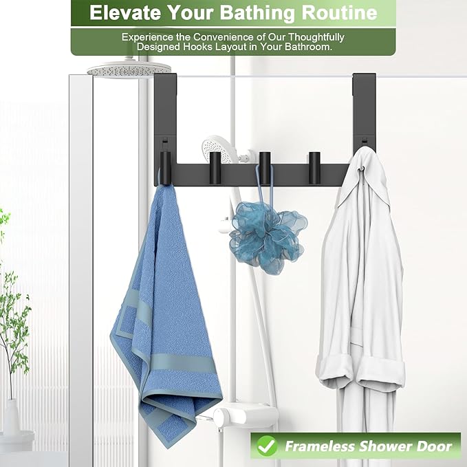 VINHOLD Extended Robe Door Hooks, Heavy Duty Stainless Steel Towel Hooks for Frameless Glass Shower Doors, Towel Hanger Rack, Shower Hooks for Bathroom (Black, 1 Pack)
