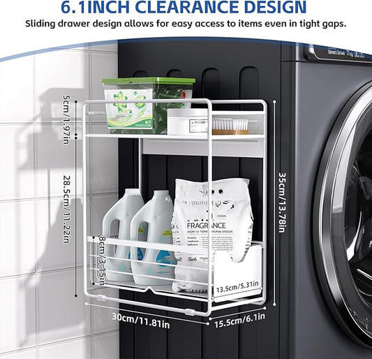 2 Tier Magnetic Shelves for Washing Machine with Pull Out Metal Drawer,Magnetic Spice Rack for Fridge,Magnetic Rack with no Installation, Versatile Storage Organizers for Home (White, 2 Tier)