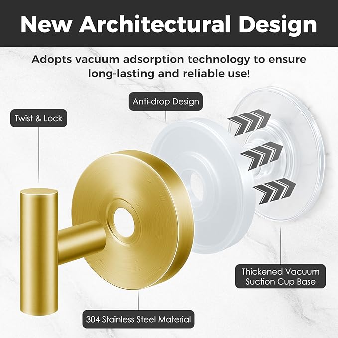 WingWider Shower Hooks for Inside Shower,No-Drill Removable&Reusable Towel Hooks for Bathroom,Heavy Duty Suction Cup Hooks for Glass Window,4 Packs(Gold)