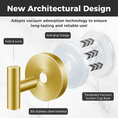 WingWider Shower Hooks for Inside Shower,No-Drill Removable&Reusable Towel Hooks for Bathroom,Heavy Duty Suction Cup Hooks for Glass Window,4 Packs(Gold)