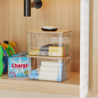 Riian Trash Bag Dispenser Holder, Stackable Garbage Bag Holder with Bamboo Lid, Acrylic Storage Container for Under Sink, Laundry Room Organization and Storage (2 Pack)