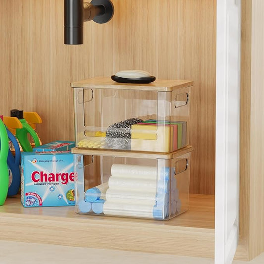 Riian Trash Bag Dispenser Holder, Stackable Garbage Bag Holder with Bamboo Lid, Acrylic Storage Container for Under Sink, Laundry Room Organization and Storage (2 Pack)