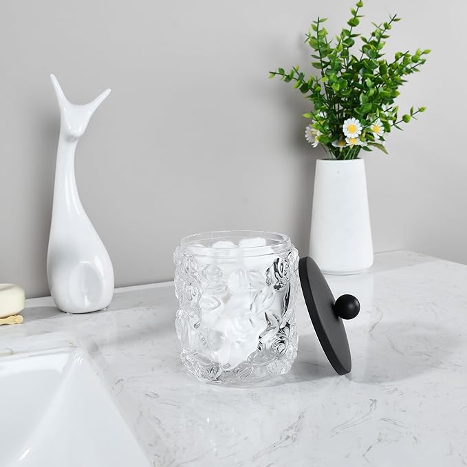 Indecor Home Clear Transparent Apothecary Floral Embossed Glass Jar With Matte Black Metal Lid Cover for Bathroom Organization, Cotton Balls, Q Tips, and Small Accessories, Bathroom Storage