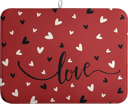 Wnoesat Valentine Dish Drying Mat for Kitchen Counter Valentines Day Red Black Love Heart Holiday Drying Mats Absorbent Microfiber Dish Draining Mat Extra Large Dish Rack Pad 18x24 Inch