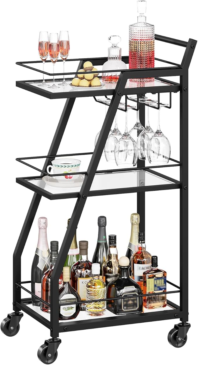 Bar Cart for The Home, Small Bar Cart on Wheels, Beverage Cart, Home Bar Serving Cart with Glass Holder, Drink Cart for Bar, Kitchen, Transparent and Black BC03BK