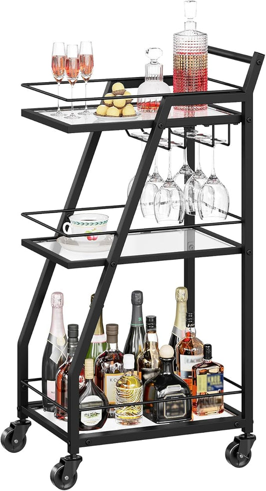 Bar Cart for The Home, Small Bar Cart on Wheels, Beverage Cart, Home Bar Serving Cart with Glass Holder, Drink Cart for Bar, Kitchen, Transparent and Black BC03BK