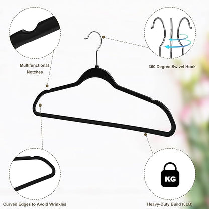 Quality Hangers 160 Pack Plastic Hangers for Clothes - Slim Non-Velvet Hangers with 360° Swivel Chrome Hook & Non Slip Notches - Ideal for Dresses Coats Shirts Jackets & More - Black