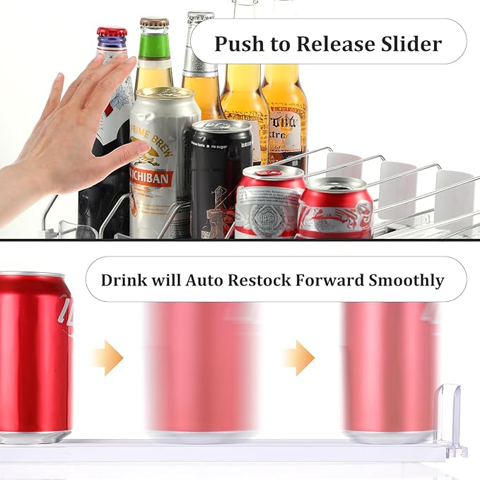 Lemecima Drink Organizer for Fridge, Soda Can Organizer Dispenser for Refrigerator with Automatic Pusher Glided, Width Adjustable Clear Dividers Can Holder for 6-20oz Beverage, 15''D x15.4''W, 5 Rows