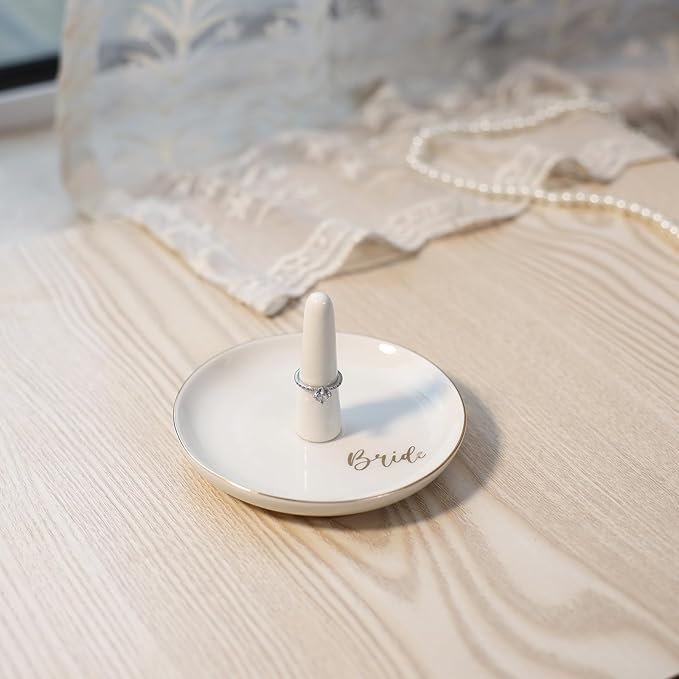 HOME SMILE Ring Holder for Bride-Monogrammed Engagement Gifts for Friends,Birthday Mother's Day Christmas Gifts for Women,Ceramic White