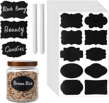 360Pcs Chalkboard Labels – 3x2 Inch Reusable Blackboard Stickers with 2 White Erasable Chalk Markers, 10 Assorted Shapes, for Mason Jars, Food Containers, and Pantry Storage