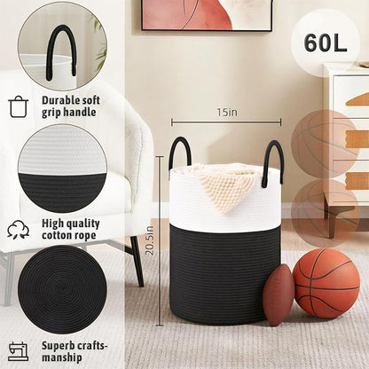 Laundry Basket,Woven Cotton Rope Laundry Hamper,60L for Decorative Storage of Dirty Clothes,Toys and Blankets in Bathroom,Baby Room and Living Room