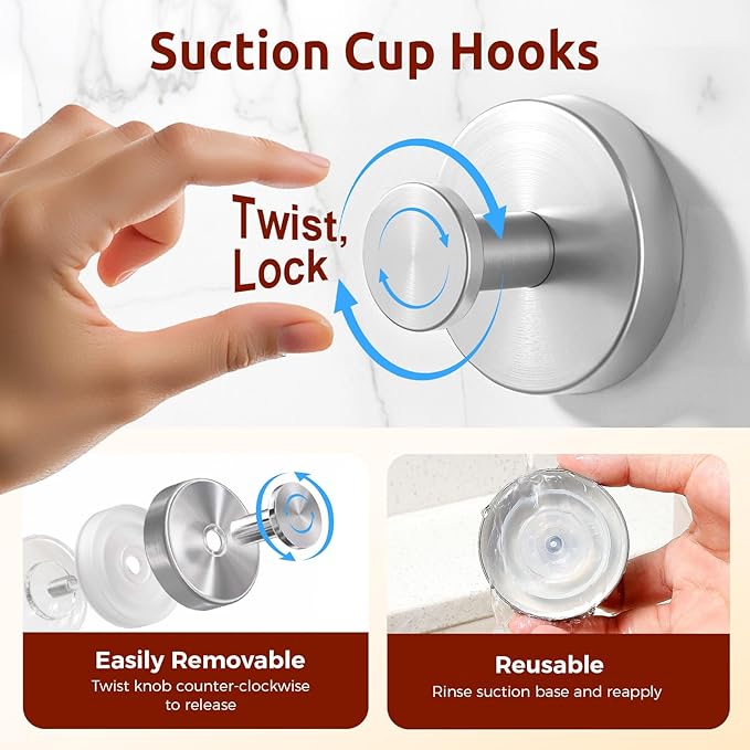 4 Packs Suction Cup Hooks for Shower, Heavy-Duty Wreath Hangers for Front Door, No Drill Glass Door Shower Suction Hooks No Damage for Walls Bathroom Kitchen Window Mirror Tile Towel Coat Robe Loofah